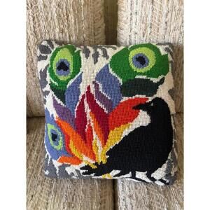 Blackbird and Peacock Feathers Cross Stitch Pillow